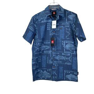 Quiksilver Fish Print Button Up Shirt Blue Men's Size Small NWT